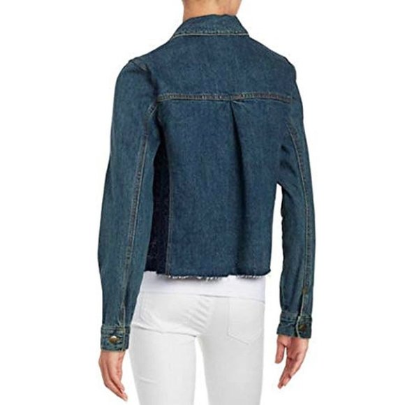 Free People Womens Jacket S Denim Jean Trucker Lace Inset Button Raw Hem - Picture 3 of 12